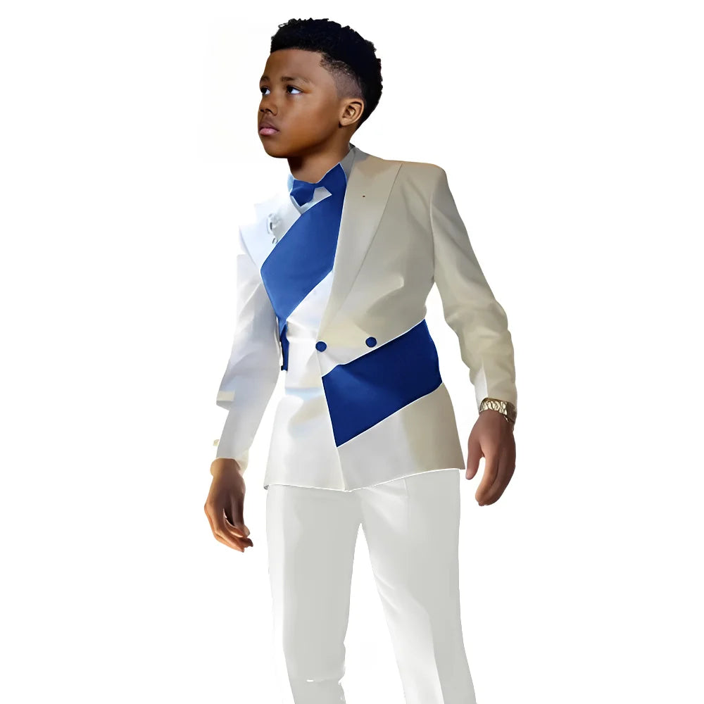 White satin boys' suit 2-piece set with blazer and pants, tailored wedding tuxedo for kids aged 2-16, slim fit design.