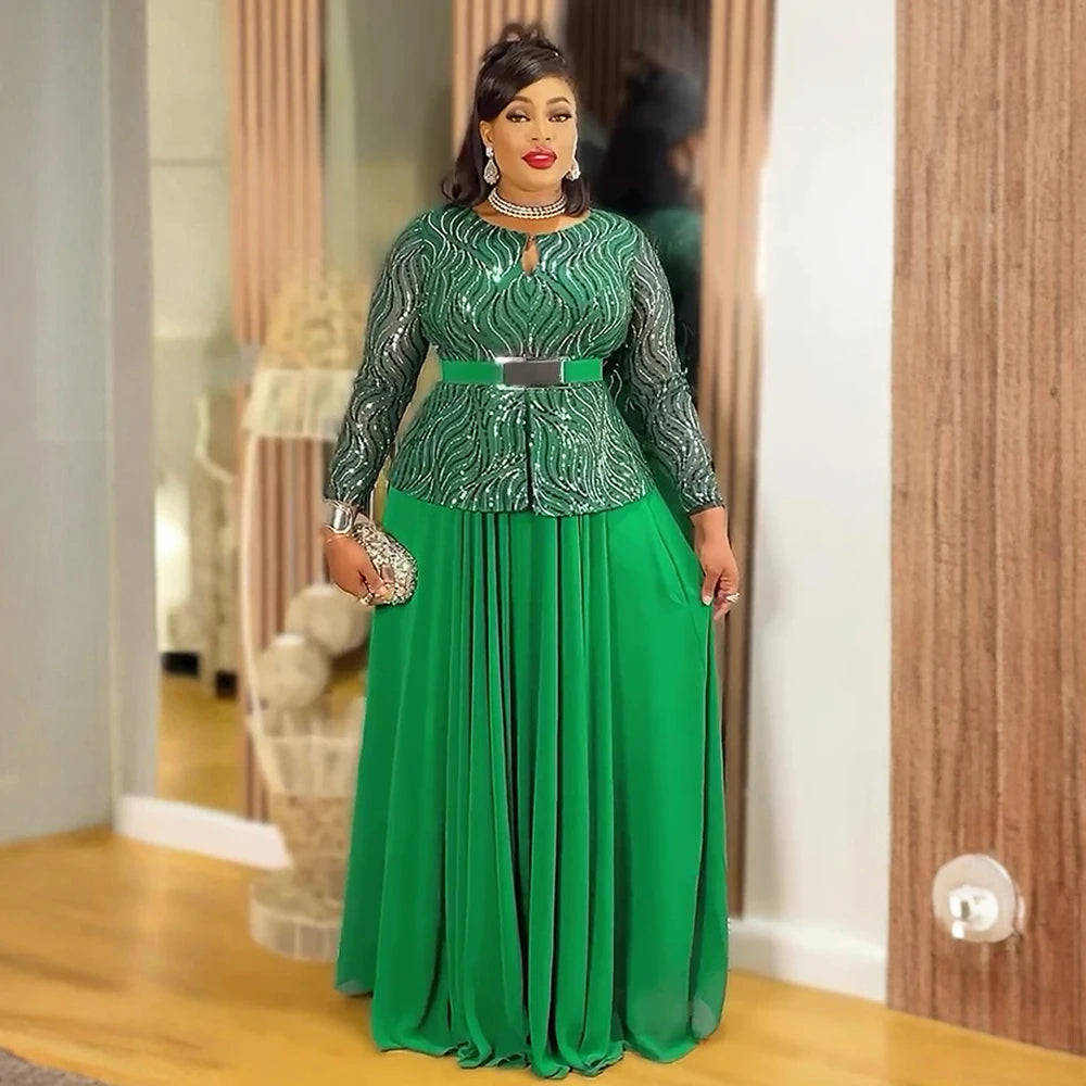 Elegant African women's long dress with Ankara and sequin details, suitable for wedding parties, plus size, by Showlu Fashion Store