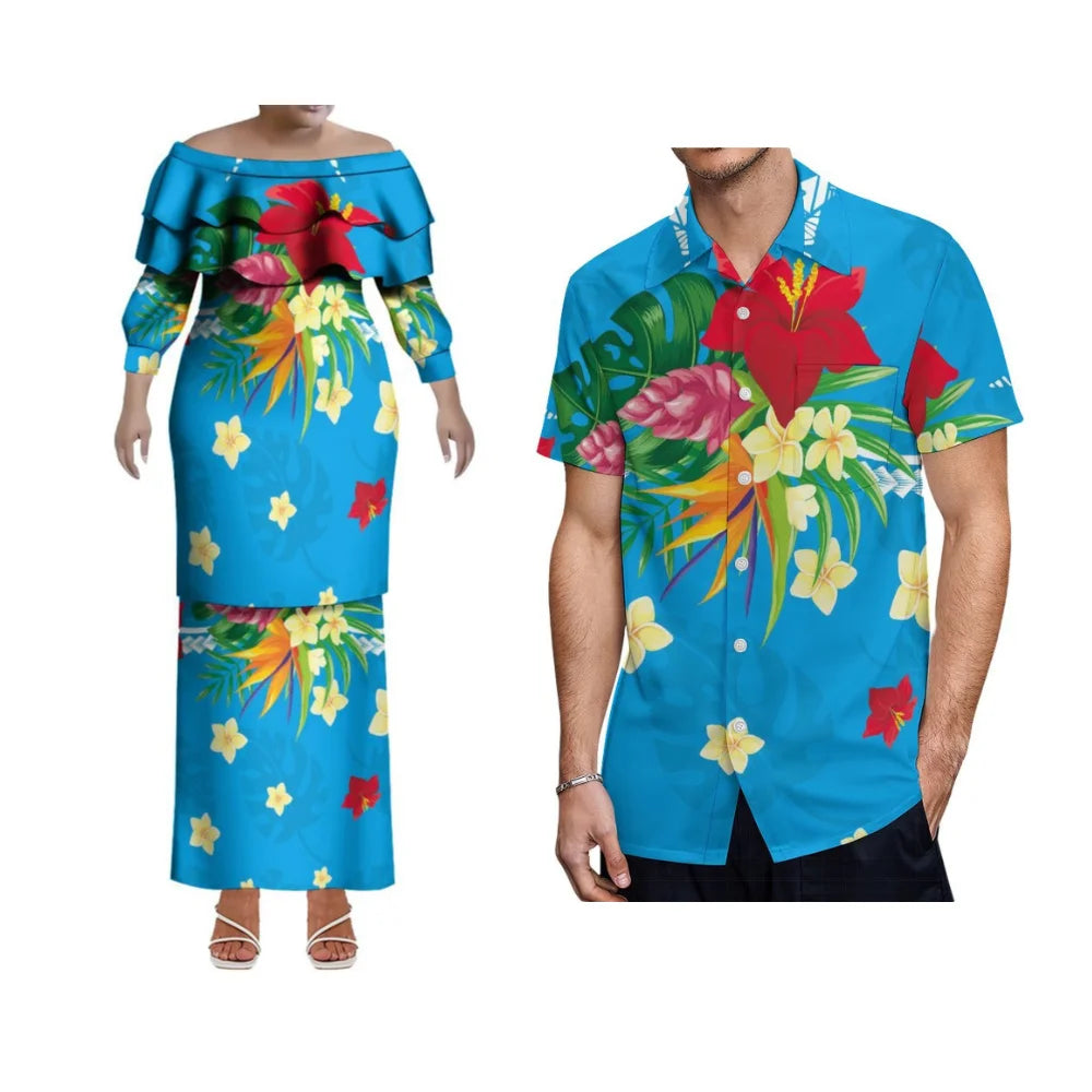 Lightweight slim mermaid dress for women with ruffle collar, Polynesian-inspired design, perfect for beach or evening events.