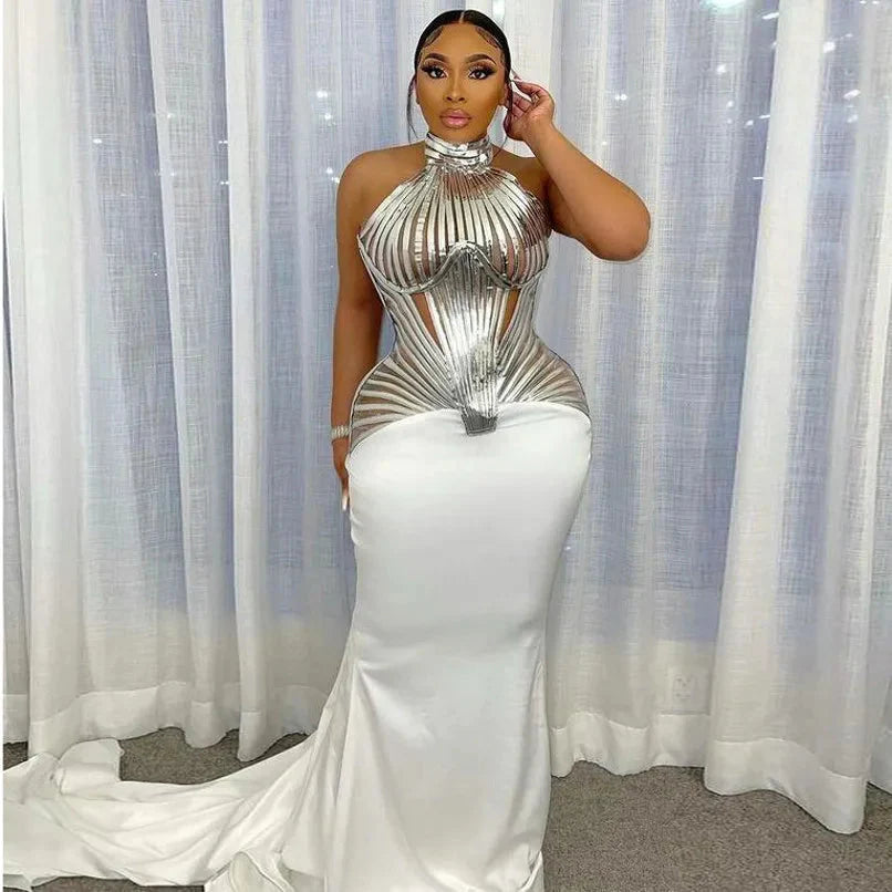 Elegant off-shoulder satin evening dress by SHOWLU FASHION STORE, floor-length halter formal gown with a sleek, sophisticated design.