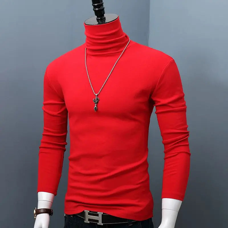 Men's dark red stretch turtleneck long sleeve top, casual autumn winter men's turtleneck shirt, plus size, Showlu Fashion