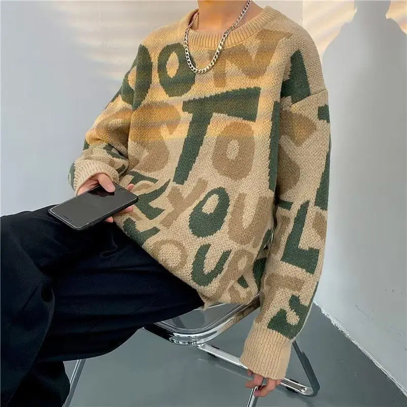 Men's vintage knit sweater by Showlu Fashion, round neck, long sleeve streetwear pullover in autumn winter casual style.
