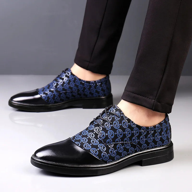 Showlu Fashion Men's patent leather dress shoes with pointed toes, formal oxford style, sleek black men's footwear.