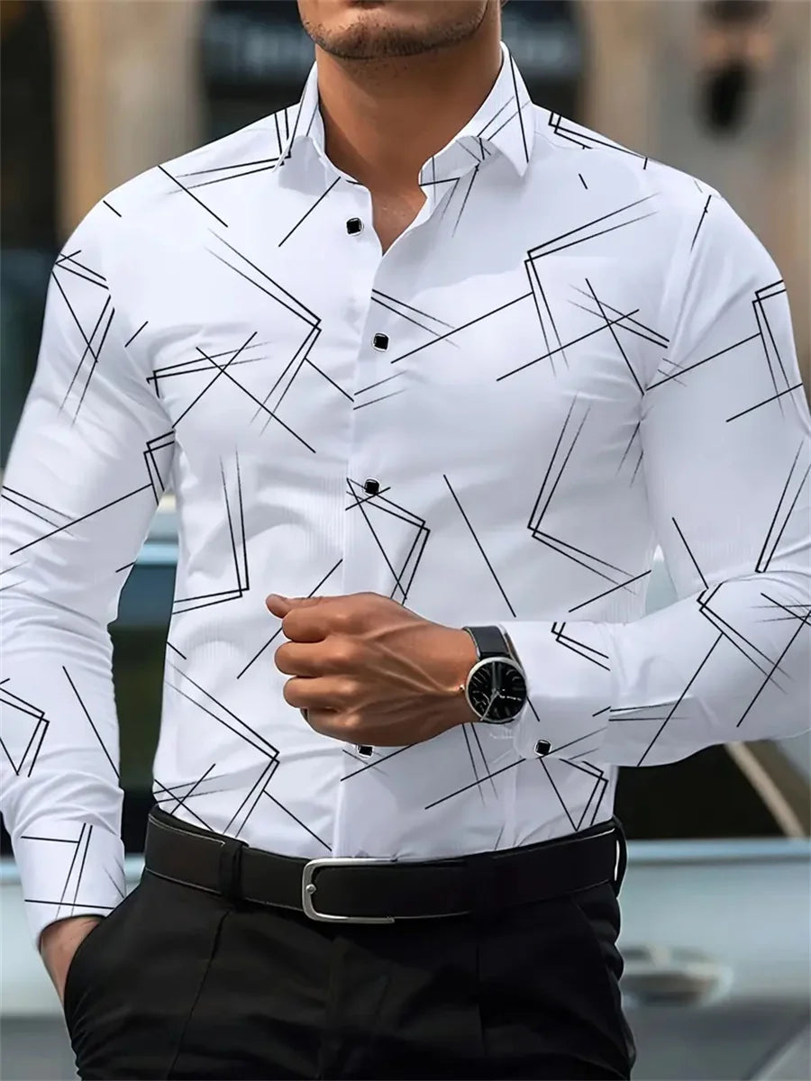 Men's slim fit long-sleeved shirt with geometric line print, non-iron, versatile business casual fashion from Showlu Fashion Store