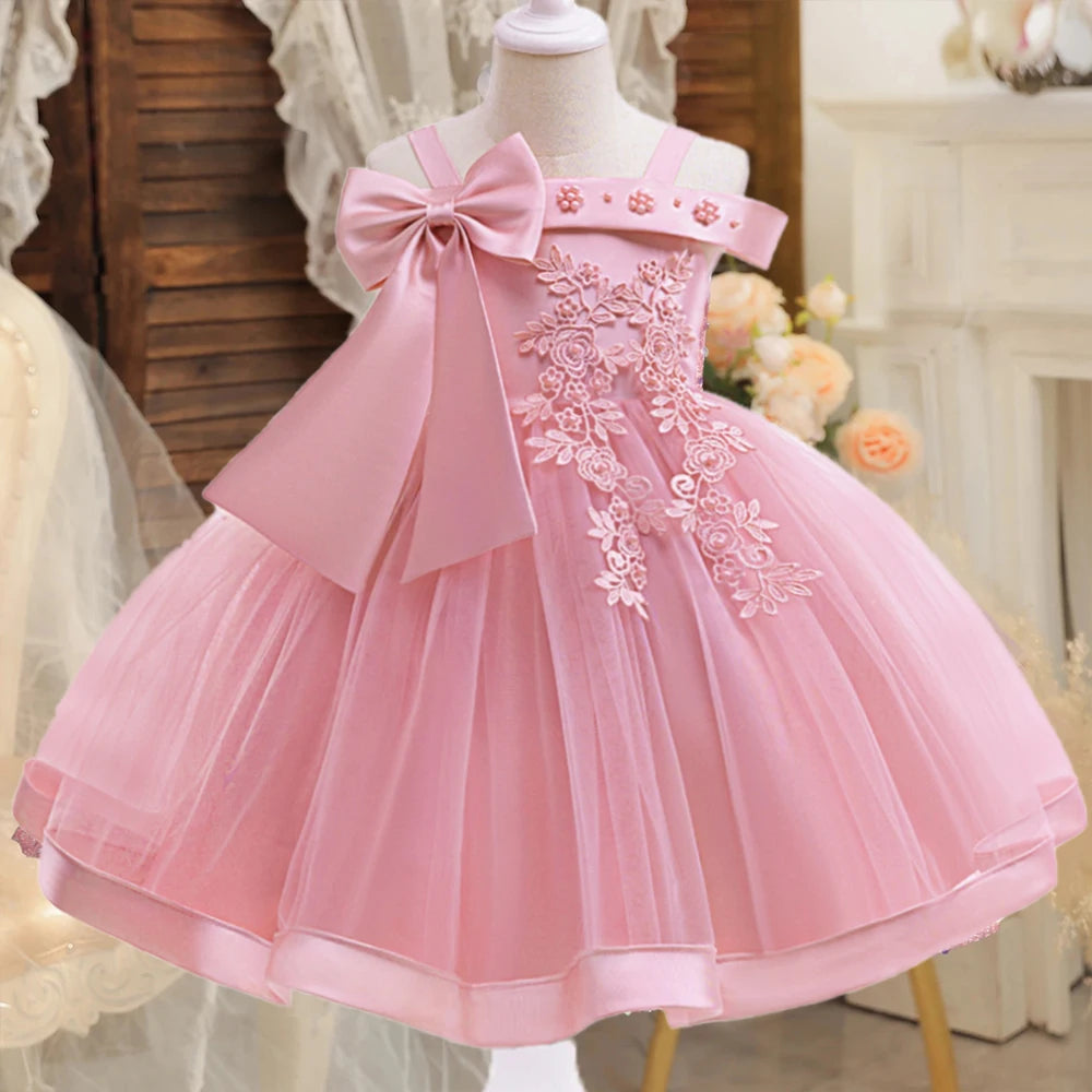 Elegant girls' flower party dress by Showlu Fashion, summer tulle princess dress with bow, suitable for weddings, birthdays, and holidays.