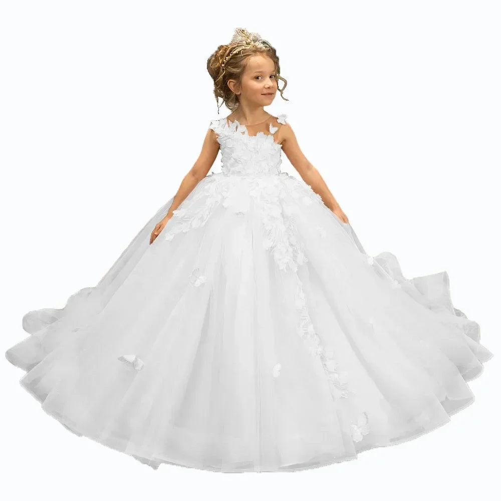 Gdybao flower girl dress with 3D floral applique, tulle fabric, and elegant design for special occasions.