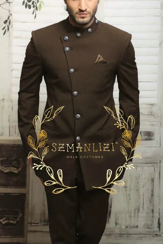 Navy blue Indian design men's suit by Showlu Fashion Store, slim fit formal blazer with business and wedding style, two-piece set.