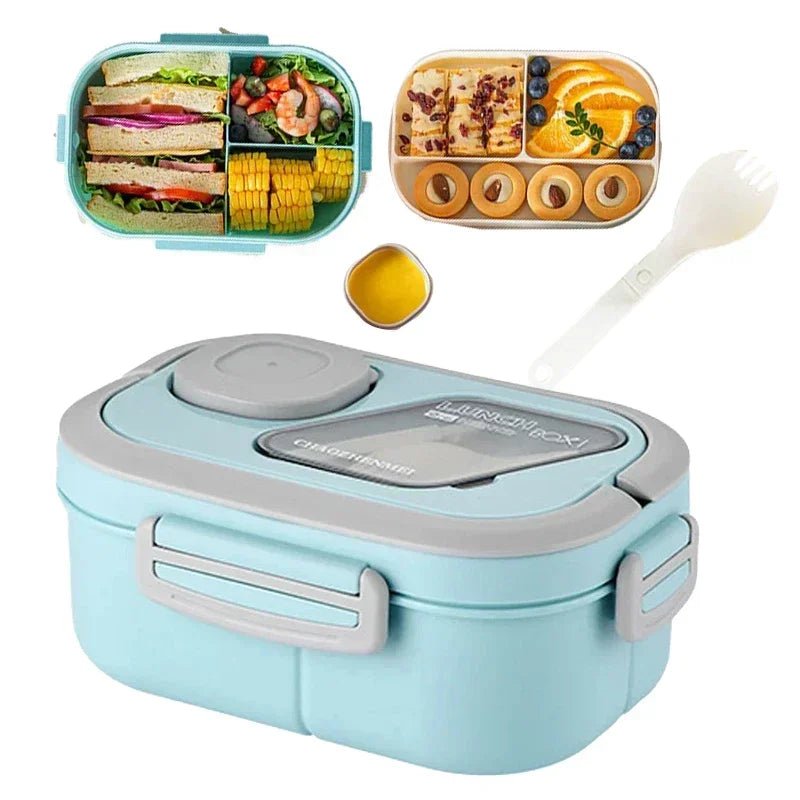 Portable wheat straw bento lunch box with compartments and handle, reusable food container for meals and snacks.