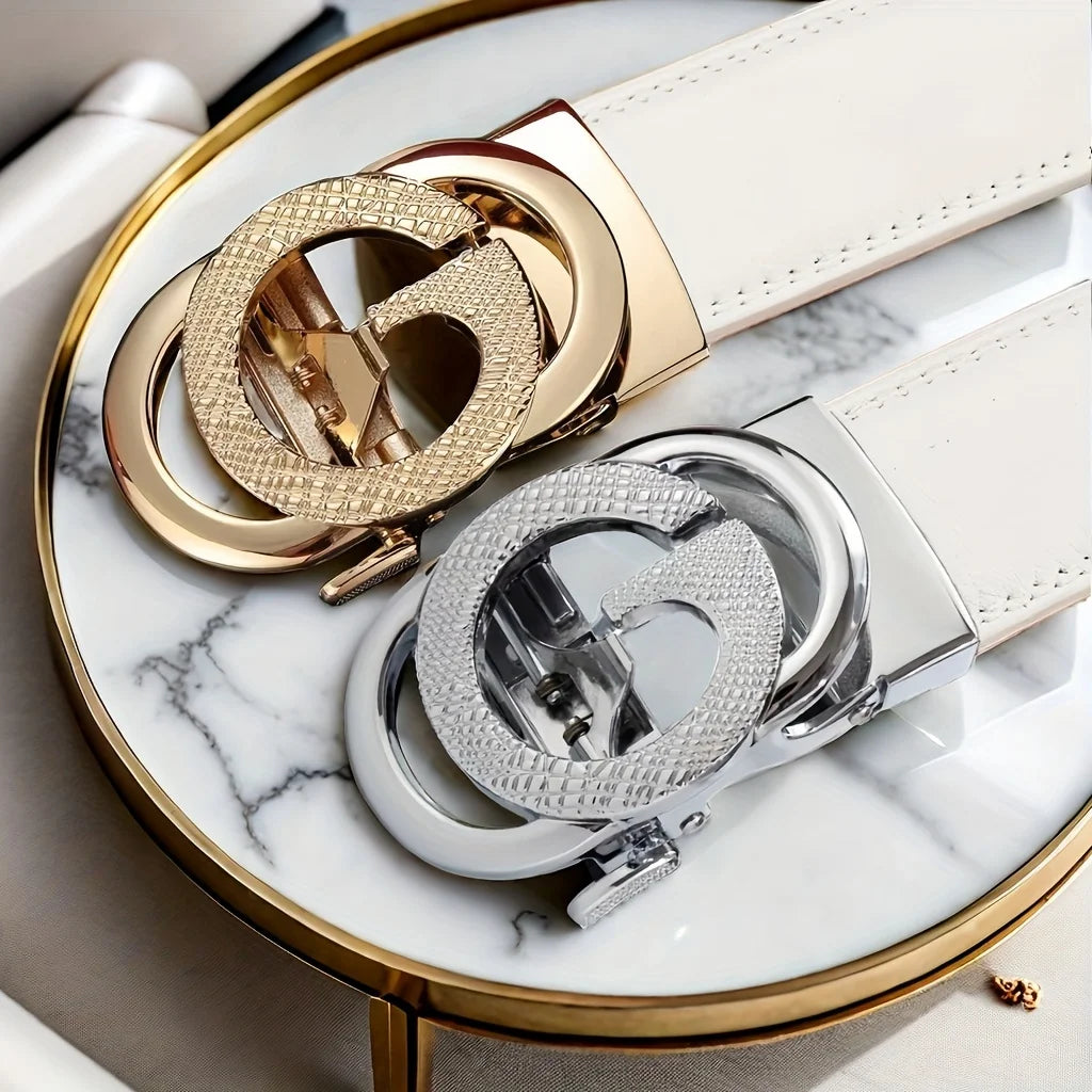 White men's belt with automatic buckle, suitable for business and casual wear, ideal formal gift for husband and father