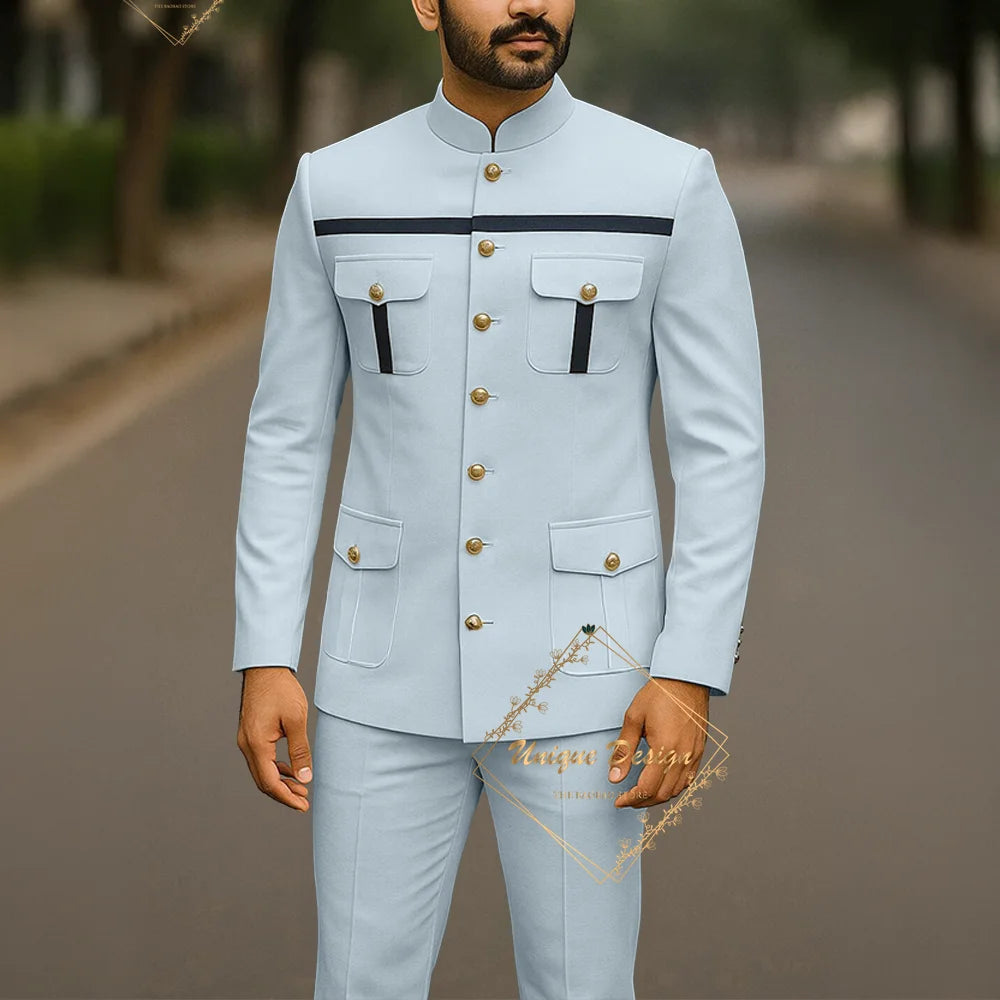 Ivory formal safari suit for men, custom-made Indian menswear, 2-piece slim fit jacket and pants for wedding or party occasions