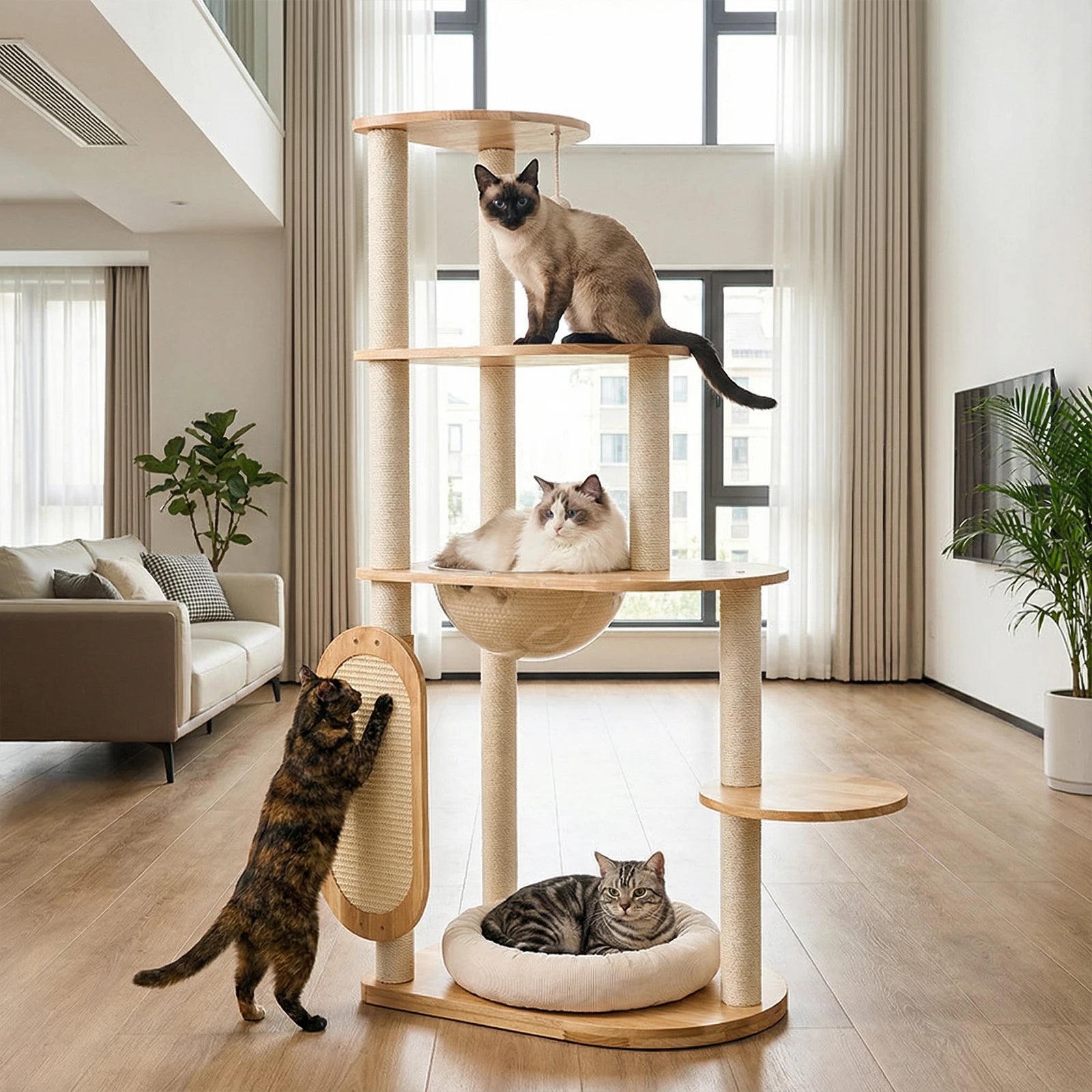 Showlu solid rubber wood cat tree tower with four-tier scratching posts, ideal for cats to climb and scratch naturally.