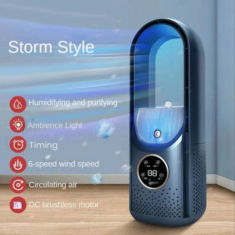Showlu Smart General Donirt USB bladeless air cooler fan on a desk, compact portable fan with sleek modern design.