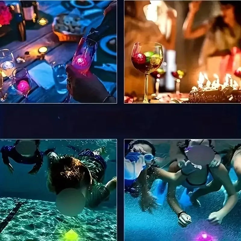 Set of 6 waterproof LED glowing ice cube lights from Showlu Smart General, with liquid sensors for mood lighting in drinks.