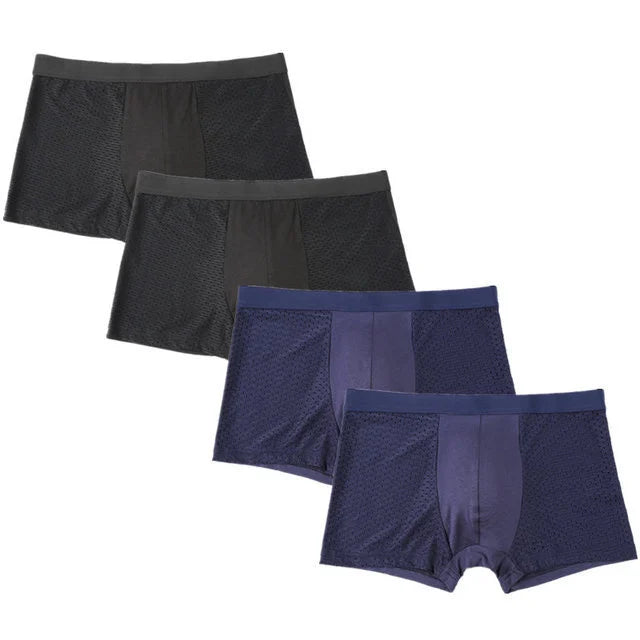 Showlu Men's Ice Silk Boxer Briefs in a 4-pack, breathable mesh underwear with a comfortable fit and smooth fabric.
