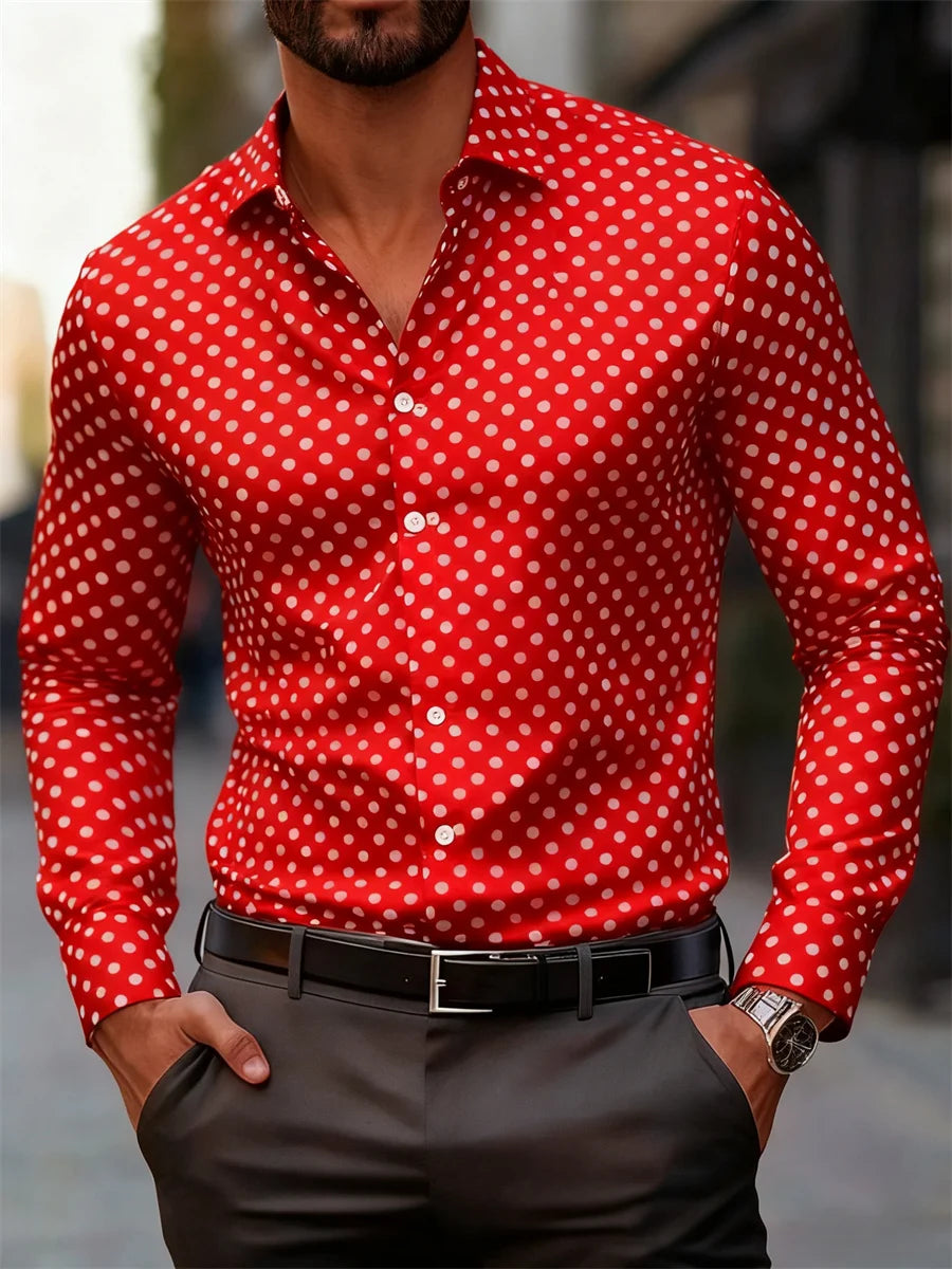 Men's slim-fit long-sleeved shirt with polka dot print, versatile business casual fashion by Showlu Fashion Store.