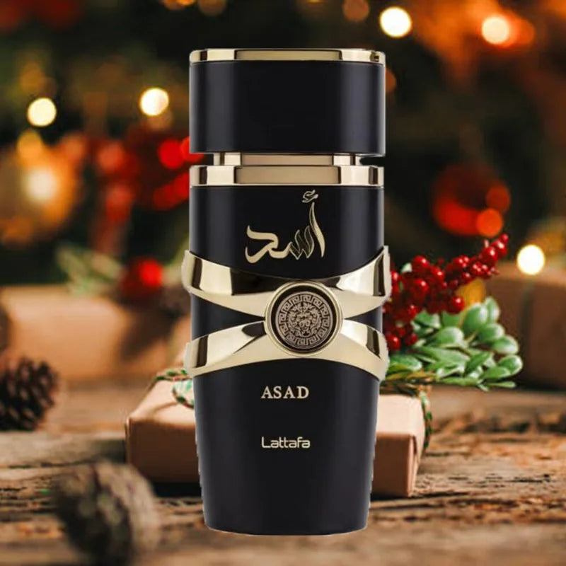 Lattafa Asad Eau de Parfum for Men in 100ml, featuring a long-lasting oriental scent with a sleek bottle design