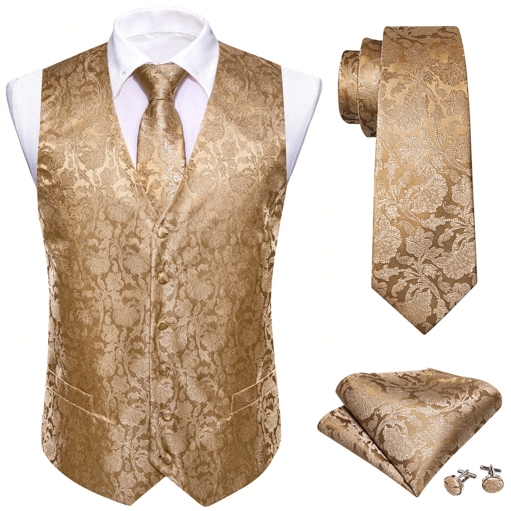 Men's luxury golden floral paisley V-collar vest with cufflinks, featuring a hankerchief, ideal for wedding or formal occasions.