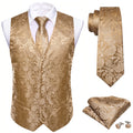 Men's luxury golden floral paisley V-collar vest with cufflinks, featuring a hankerchief, ideal for wedding or formal occasions.