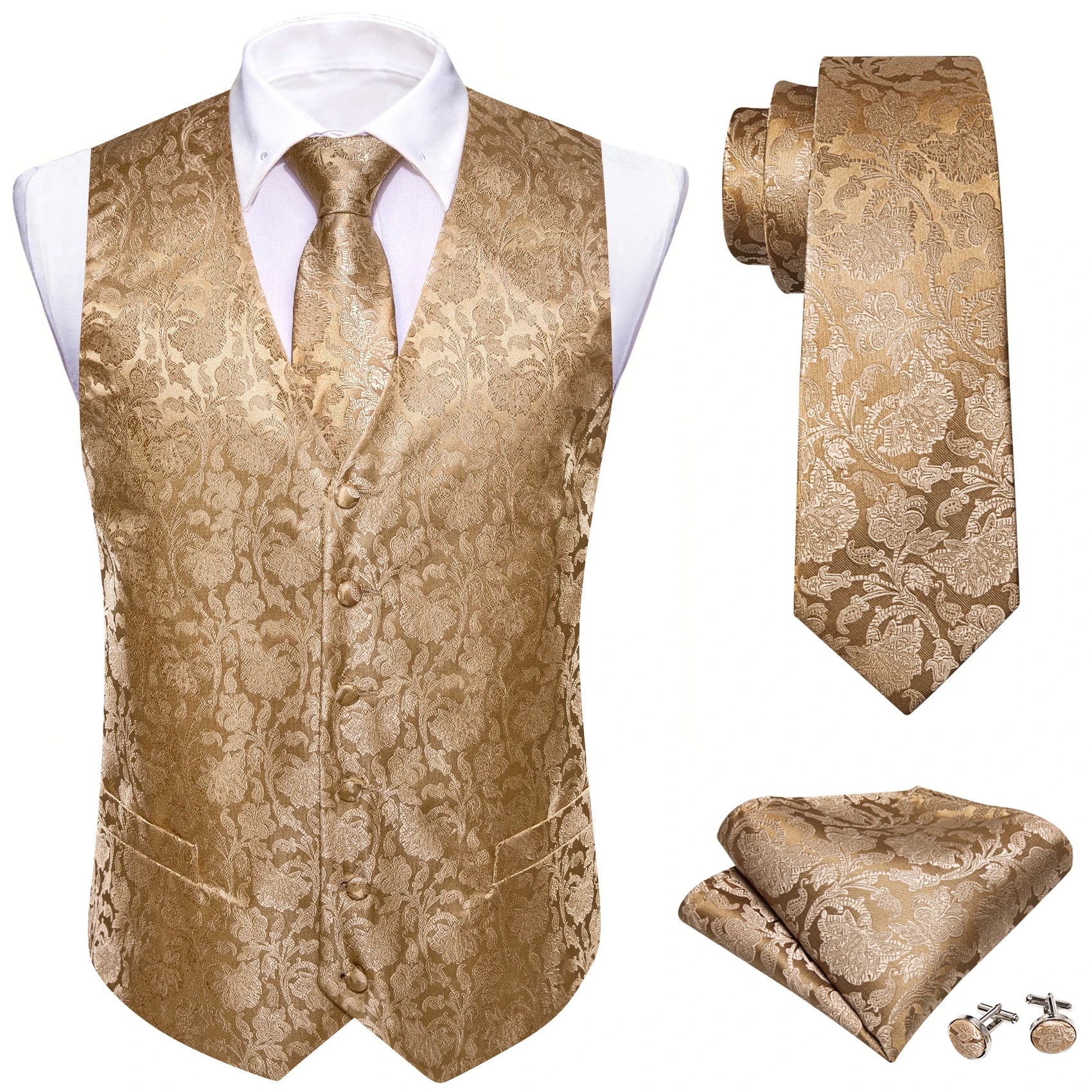 Men's luxury golden floral paisley V-collar vest with cufflinks, featuring a hankerchief, ideal for wedding or formal occasions.