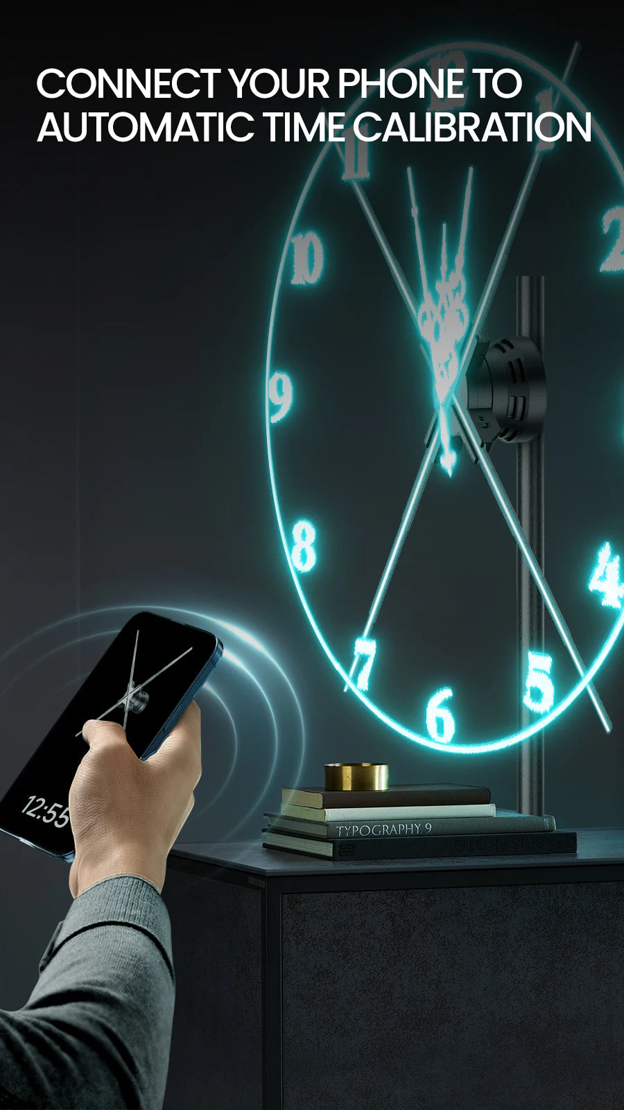 Showlu Smart General LED Wall Clock Projector displaying time projection on a wall with adjustable brightness and modern design.