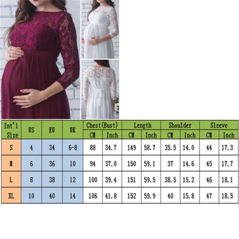 Lace maternity maxi gown with 3/4 sleeves by SHOWLU FASHION STORE, perfect for maternity photography and special occasions.