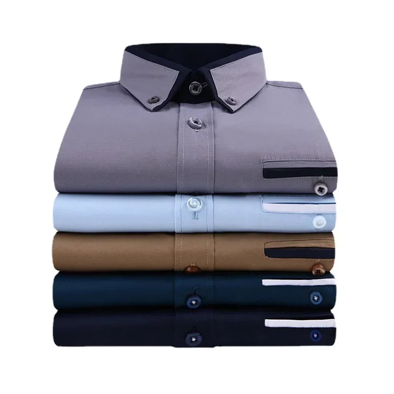 Men's long sleeve twill dress shirt with solid and striped pattern, slim fit, suitable for business or casual office wear.