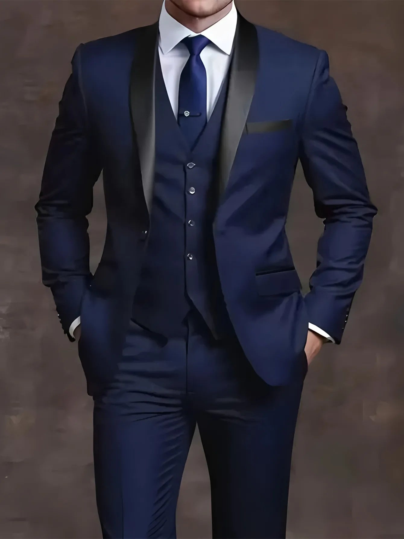Black slim fit men's tuxedo suit set by Showlu Fashion, perfect for weddings and formal events, featuring a tailored jacket and trousers.