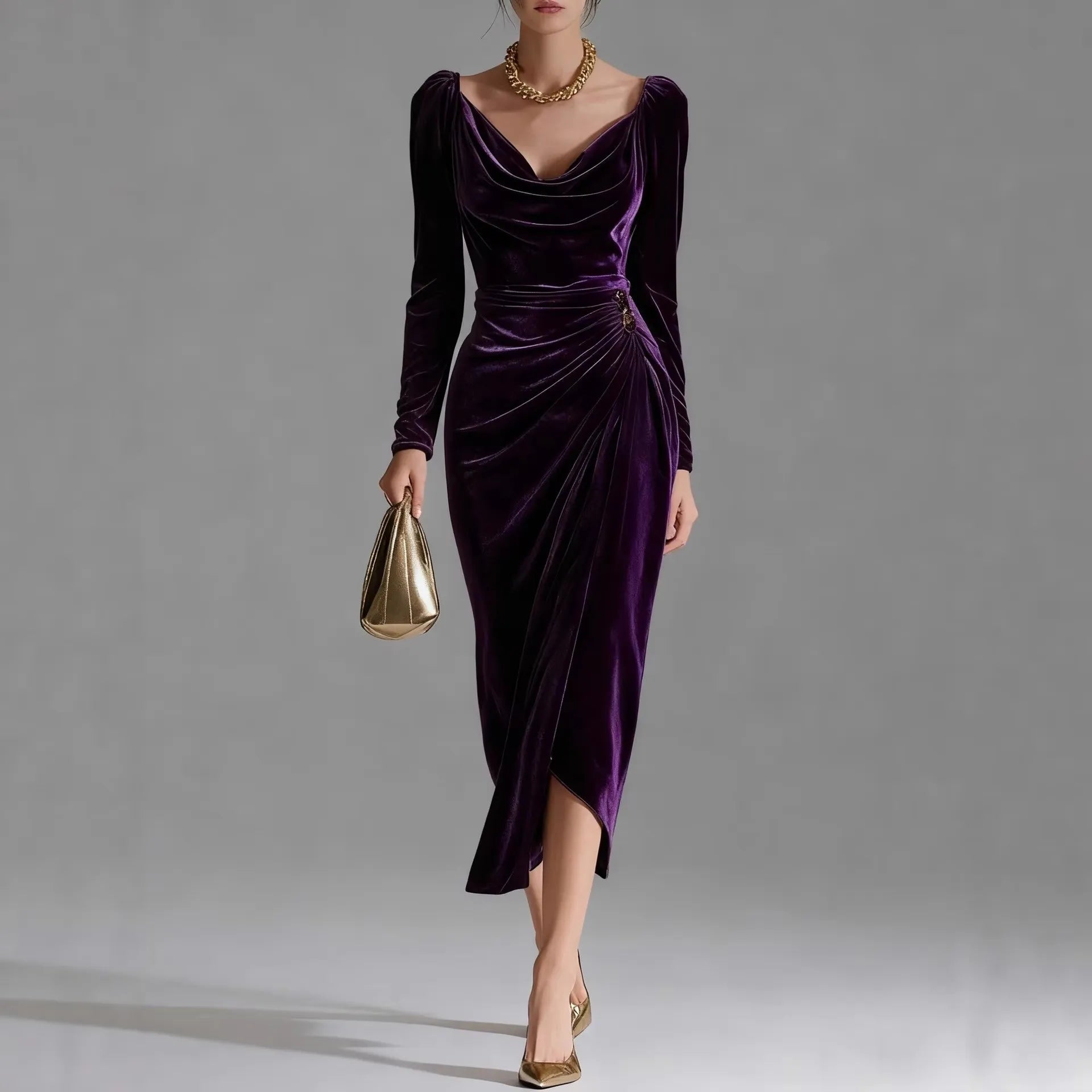 Velvet V-neck bodycon dress for women featuring a slim fit and pleated A-line design by Showlu Fashion Store.