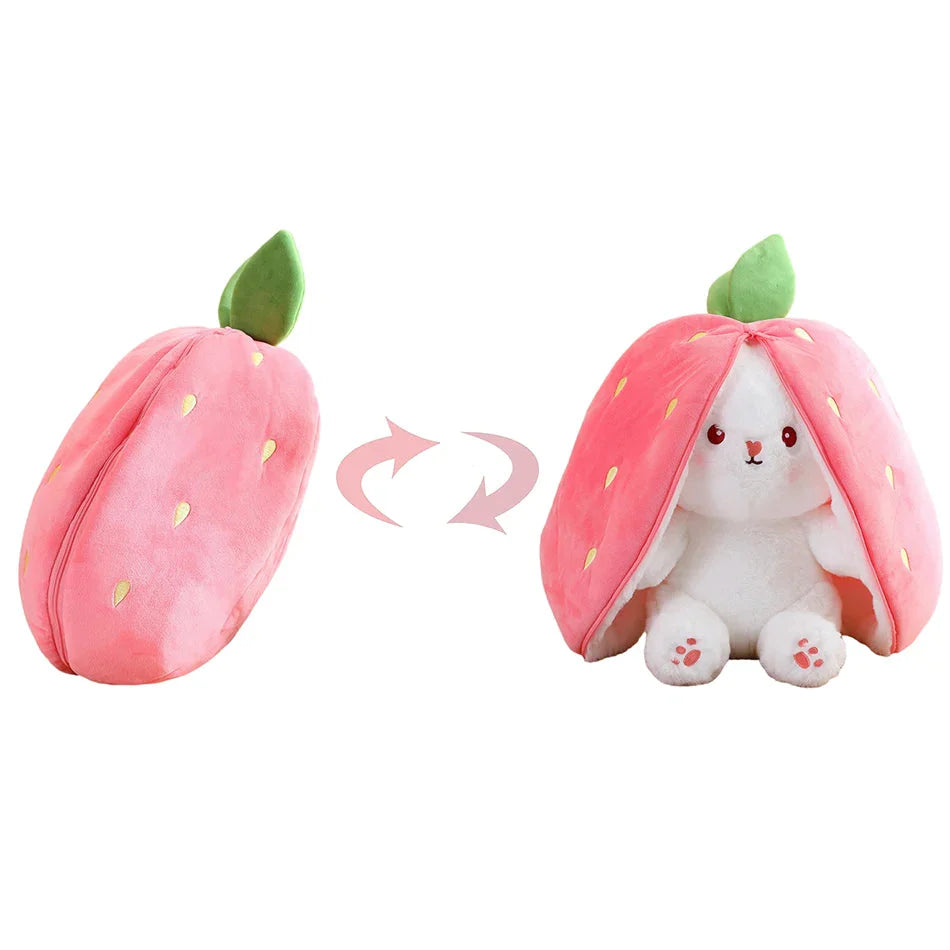 SHOWLU 18cm strawberry rabbit plush toy with zipper detail, soft stuffed animal doll, pink and white color, perfect for cuddling