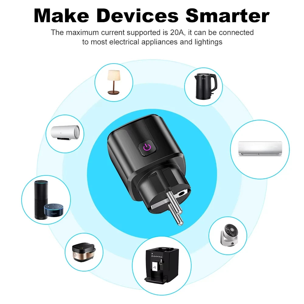 Showlu Smart WiFi Smart Plug with EU socket, power monitor, and voice control features, shown plugged into an electrical outlet.