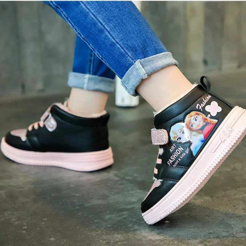 Pink Disney Frozen Elsa girls' winter snow boots with warm insulation and ankle-high design, perfect for cold weather.