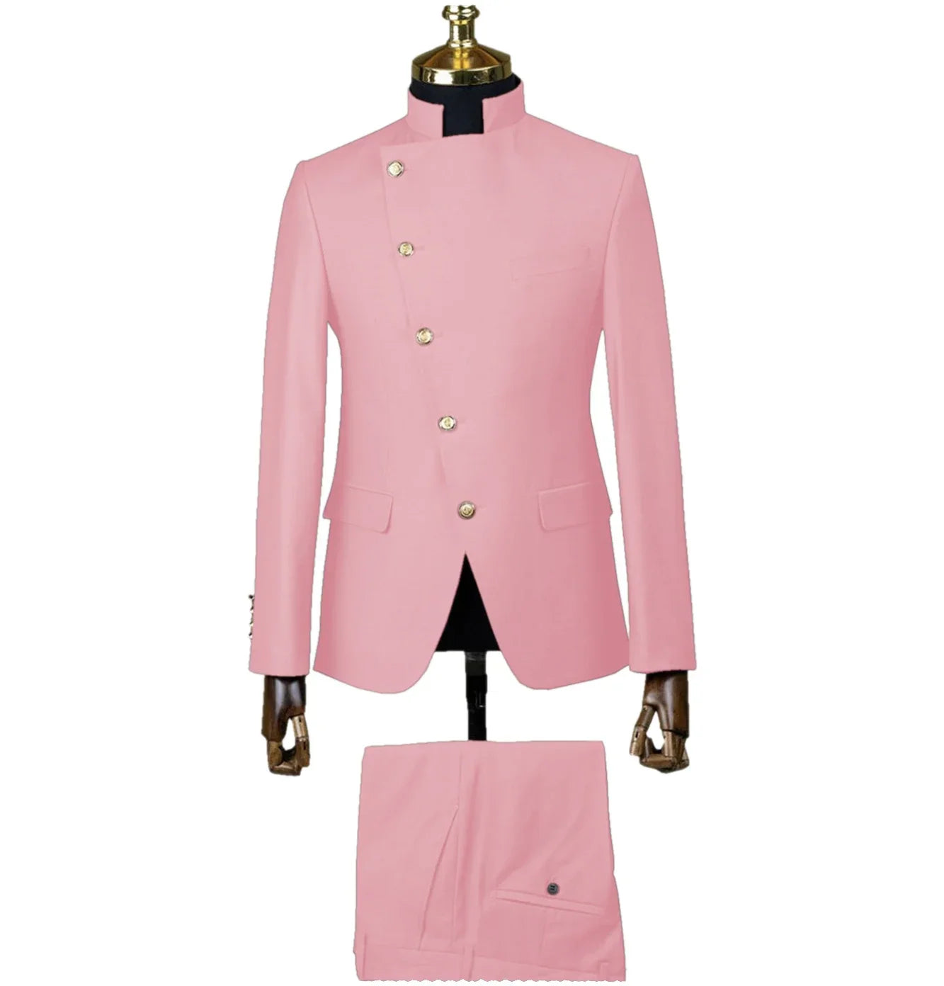 Showlu Fashion Men's slim fit suit with stand collar, cotton wedding tuxedo, two-piece design, stylish formal attire.