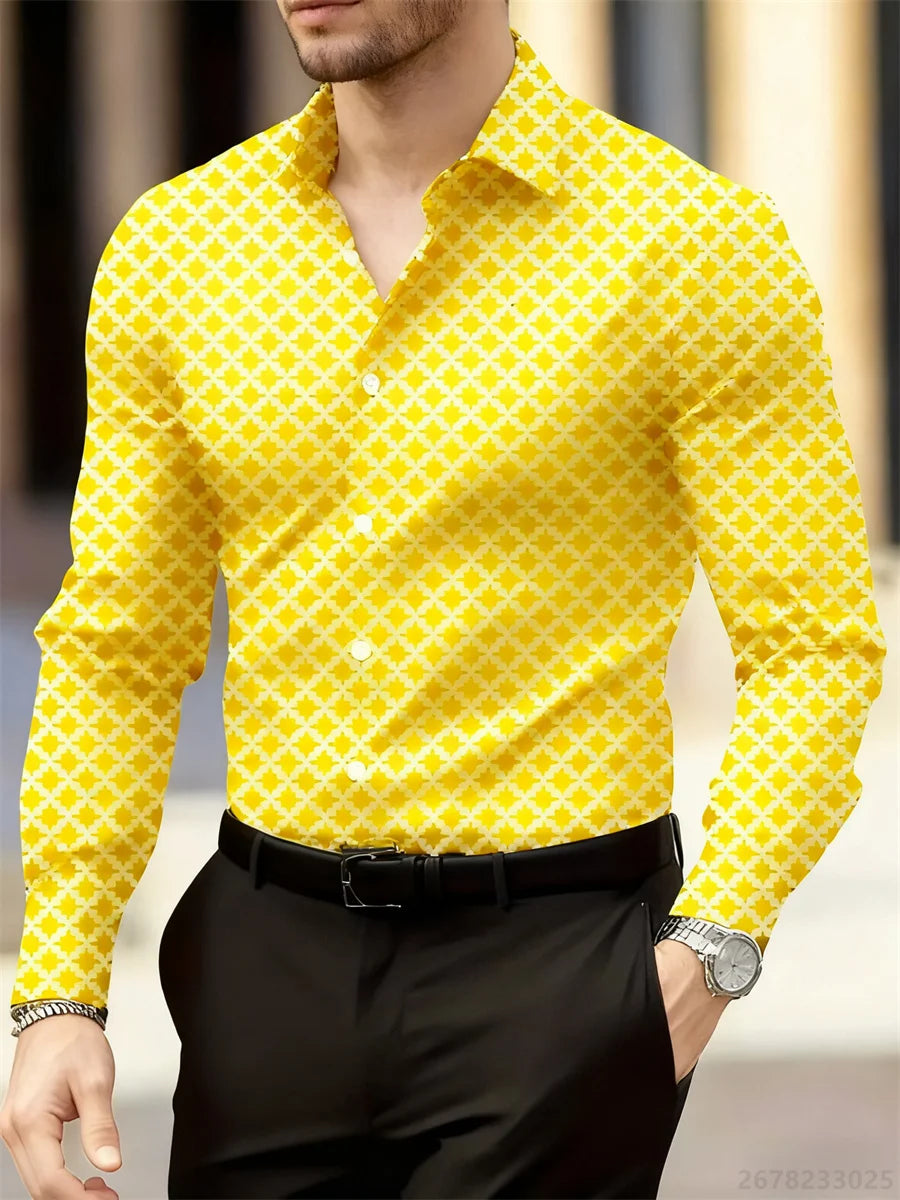 Men's long sleeve geometric plaid shirt in 14 colors, breathable casual business top with lapel from Showlu Fashion Store.