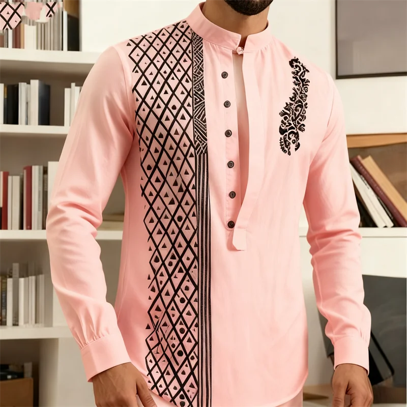 Men's long sleeve button-up Henley shirt in a loose fit, shown in a stylish beach top design from Showlu Fashion Store.