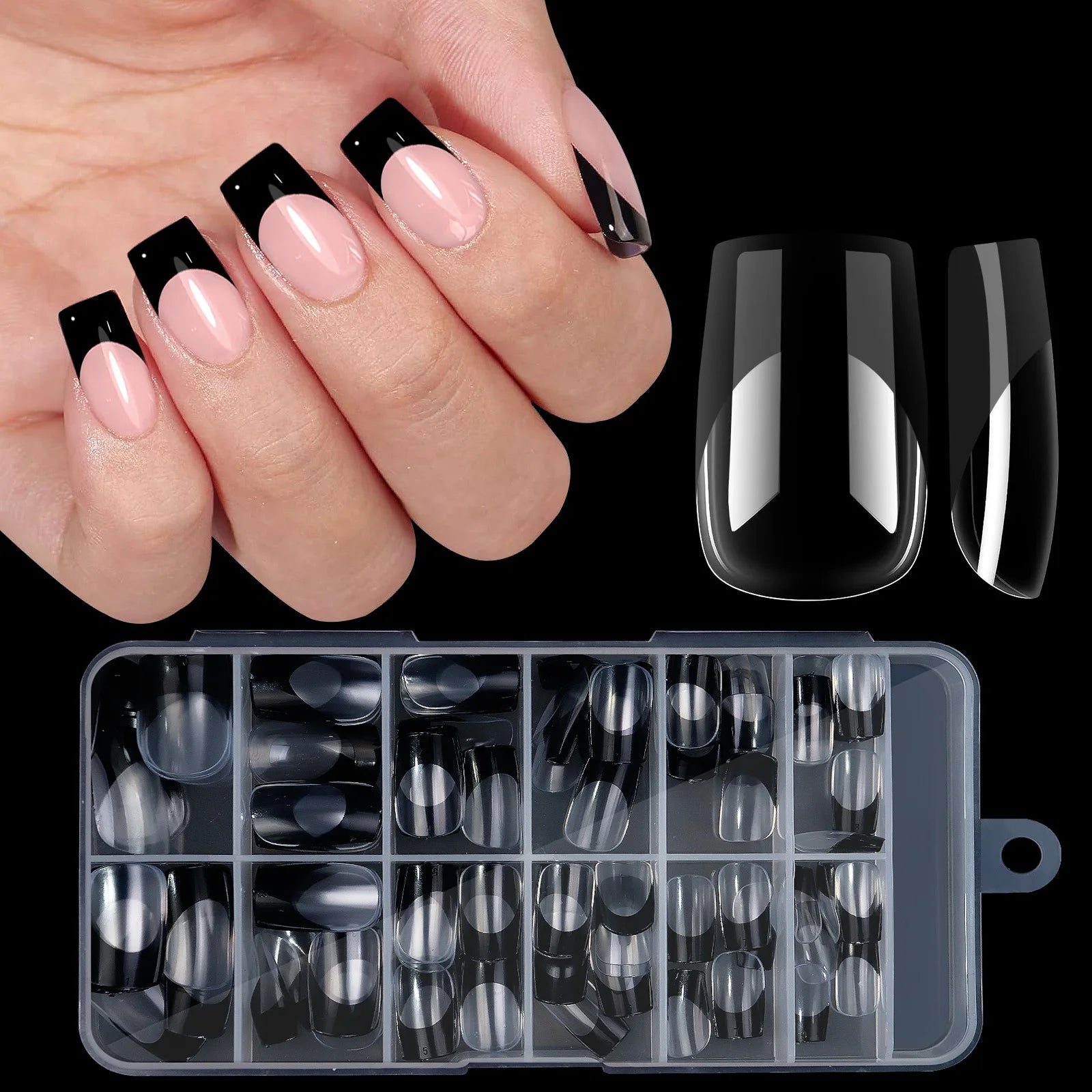 Set of 120 acrylic French false nails by Showlu Fashion Store, medium length square full cover nail tips in mixed sizes.