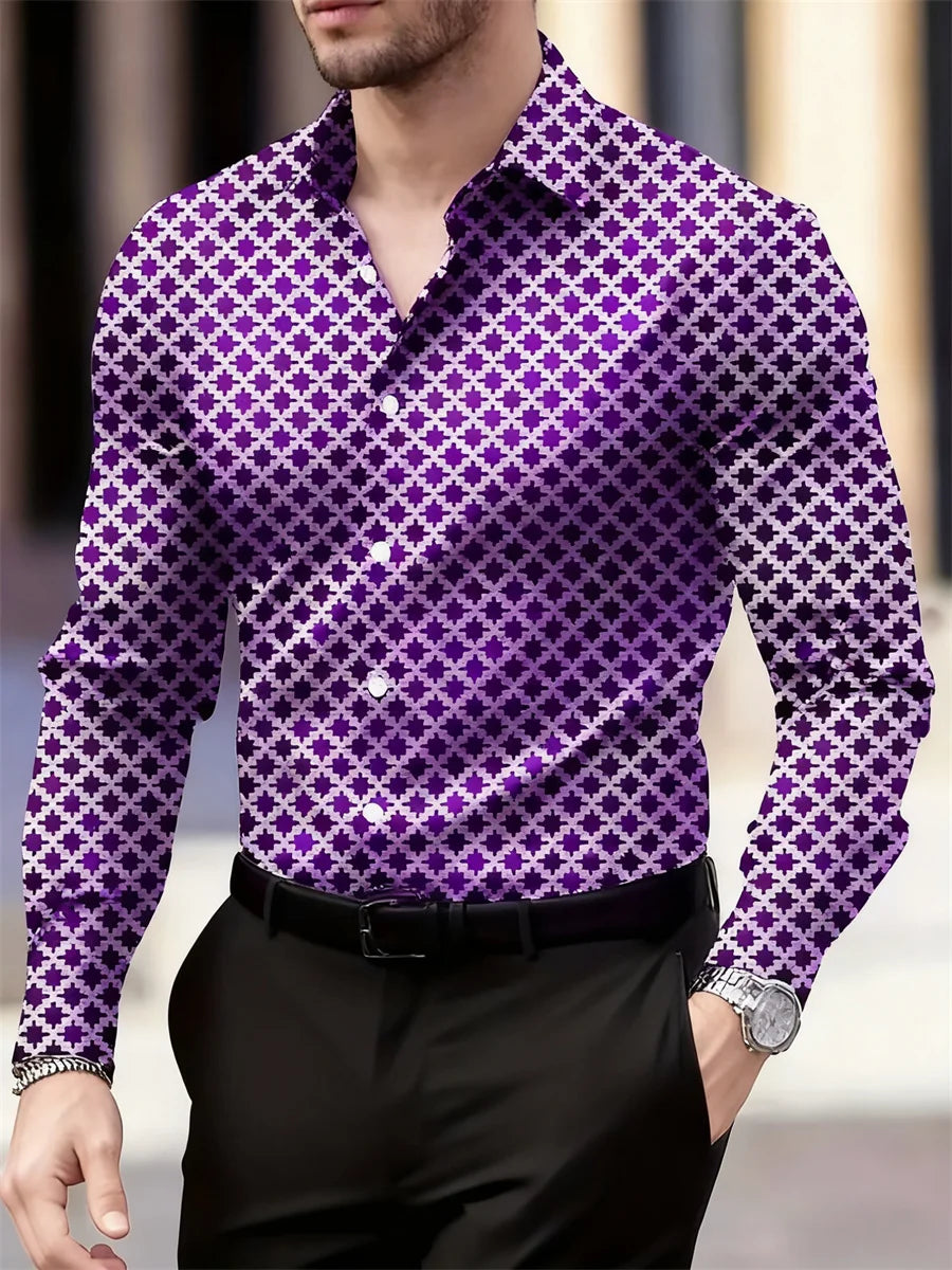 Men's long sleeve geometric plaid pattern shirt in 14 colors, breathable casual and business shirt with lapel by Showlu Fashion Store