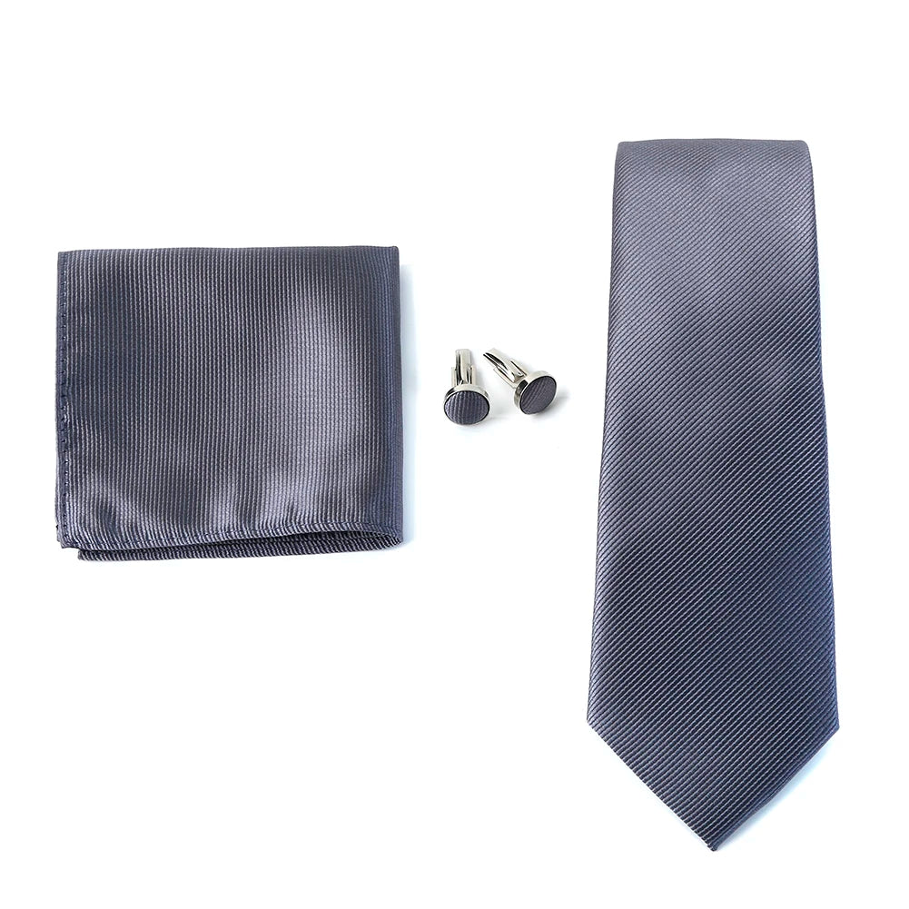 Solid color men's formal necktie, jacquard woven tie, matching handkerchief and cufflinks for wedding or business suit.