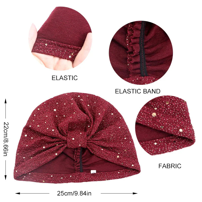 GATHERTOP women's sequin knotted turban hijab chemo cap beanie bonnet in black with sparkling sequins and a stylish knot detail
