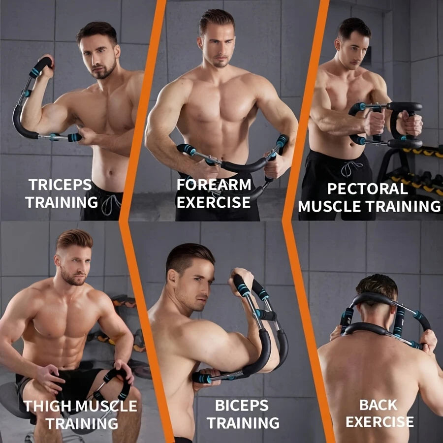 Stainless steel adjustable chest and arm trainer by Showlu Fashion Store, shown with straps and handles for fitness exercise.