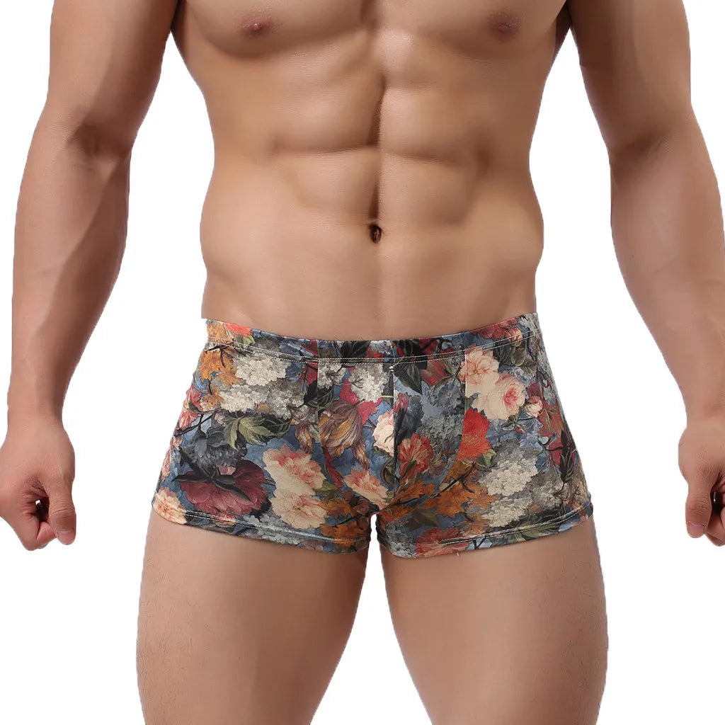 Men's nylon printed boxer shorts with pouch by Showlu Fashion Store, featuring colorful patterns and comfortable fit.