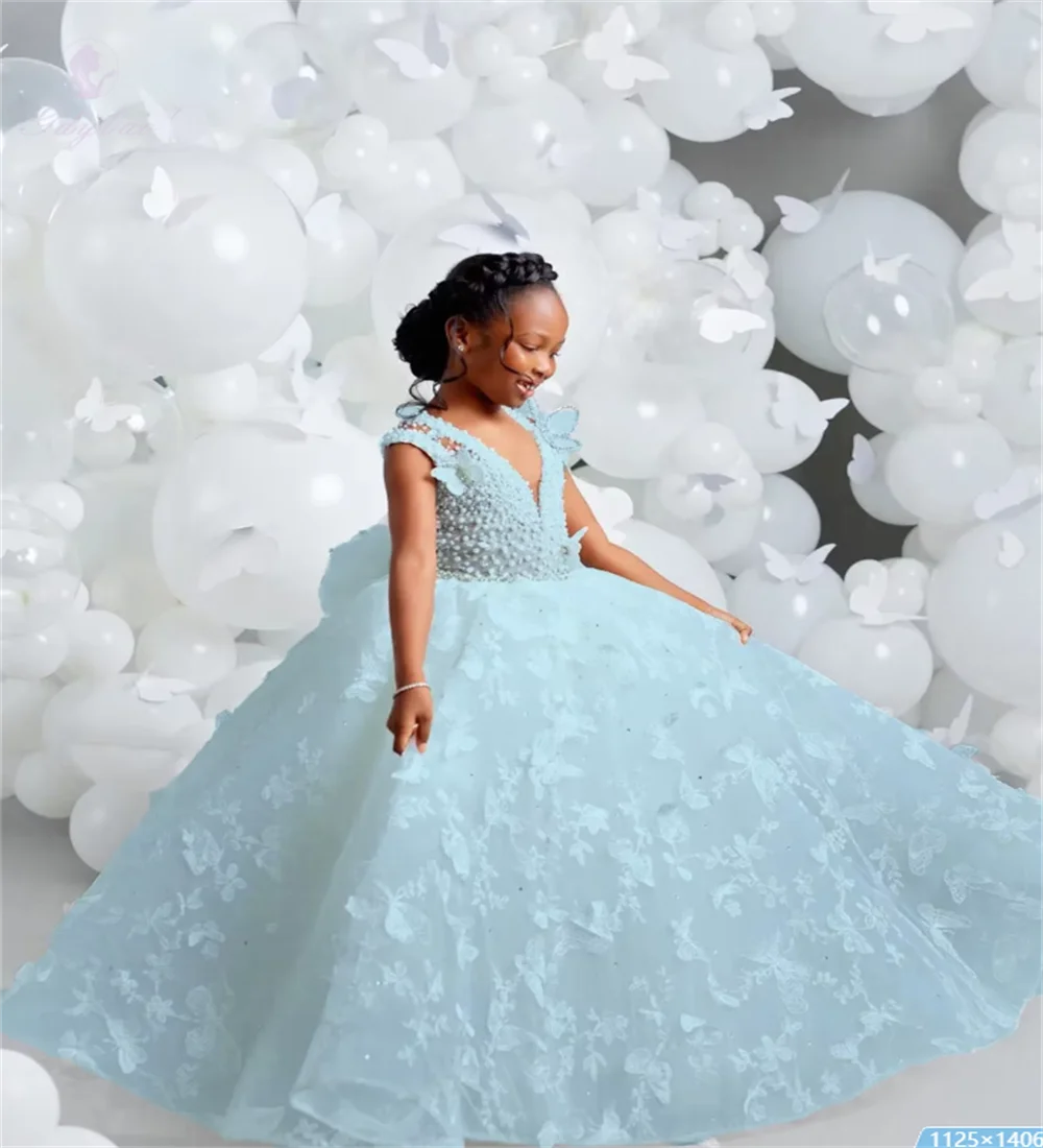 White V-neck Luxury Flower Girl Dresses For Wedding Butterfly Appliques Pearl Child Birthday Party First Holy Communion Gown