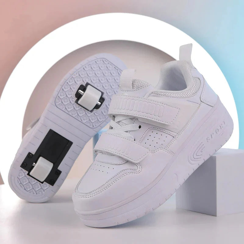 Kids' white roller skates with two wheels and chunky skateboard-style shoes from Jlmoito, featuring a stylish design and white color.