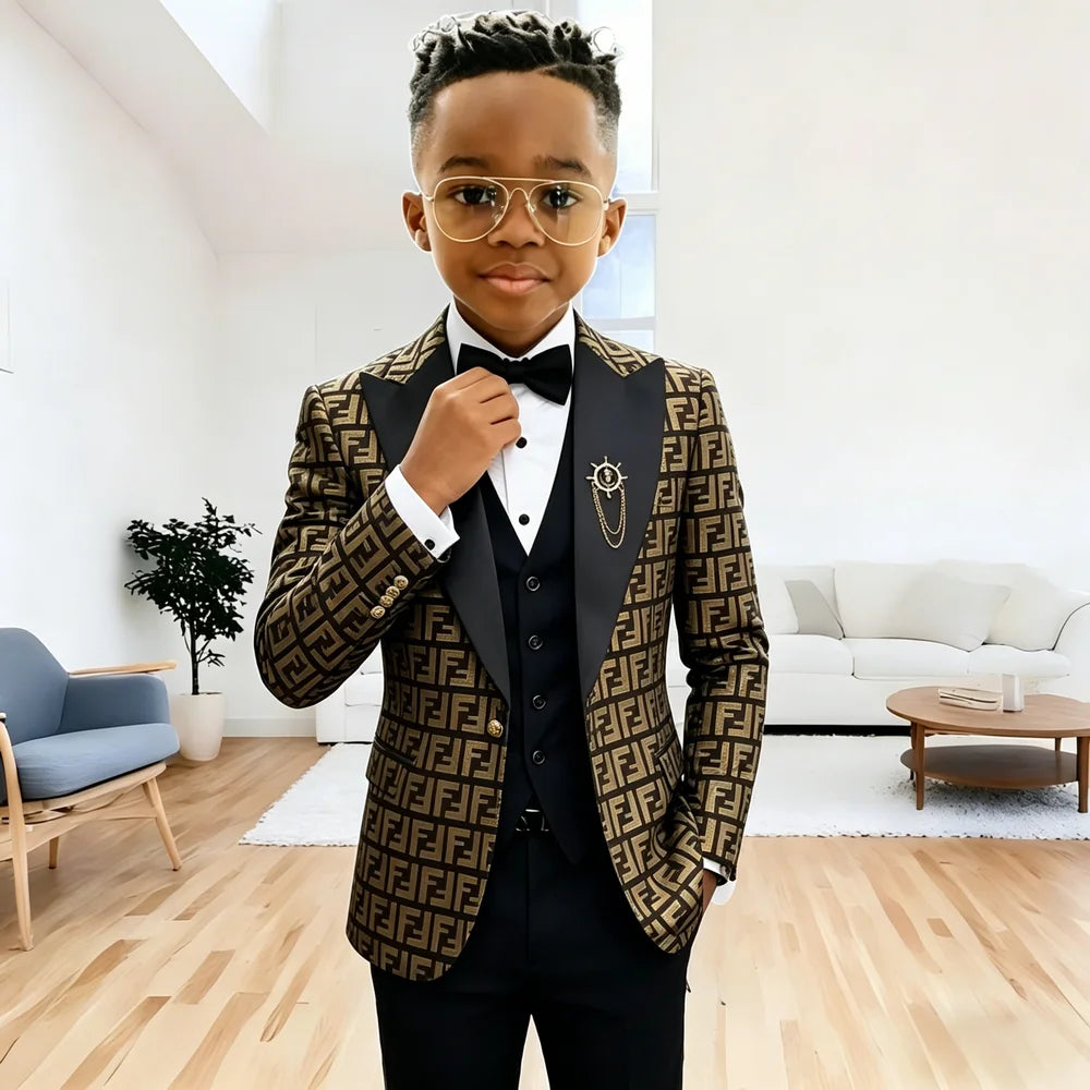 Fashion Floral Boys Suit 3 Pieces Wedding Tuxedos Single Breasted Formal Jacket Vest Pants Kids Blazer Set Slim Fit Child Outfit