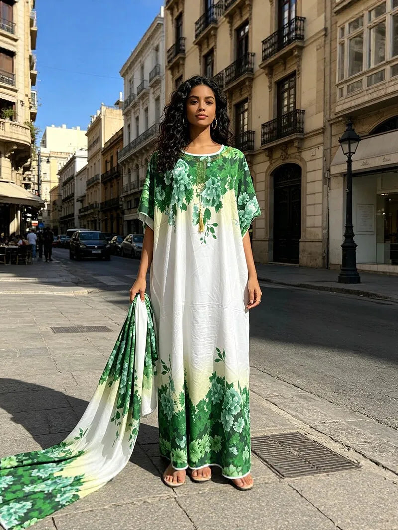 African dress for women featuring traditional Ankara and dashiki styles, long maxi gown with Muslim kaftan design.