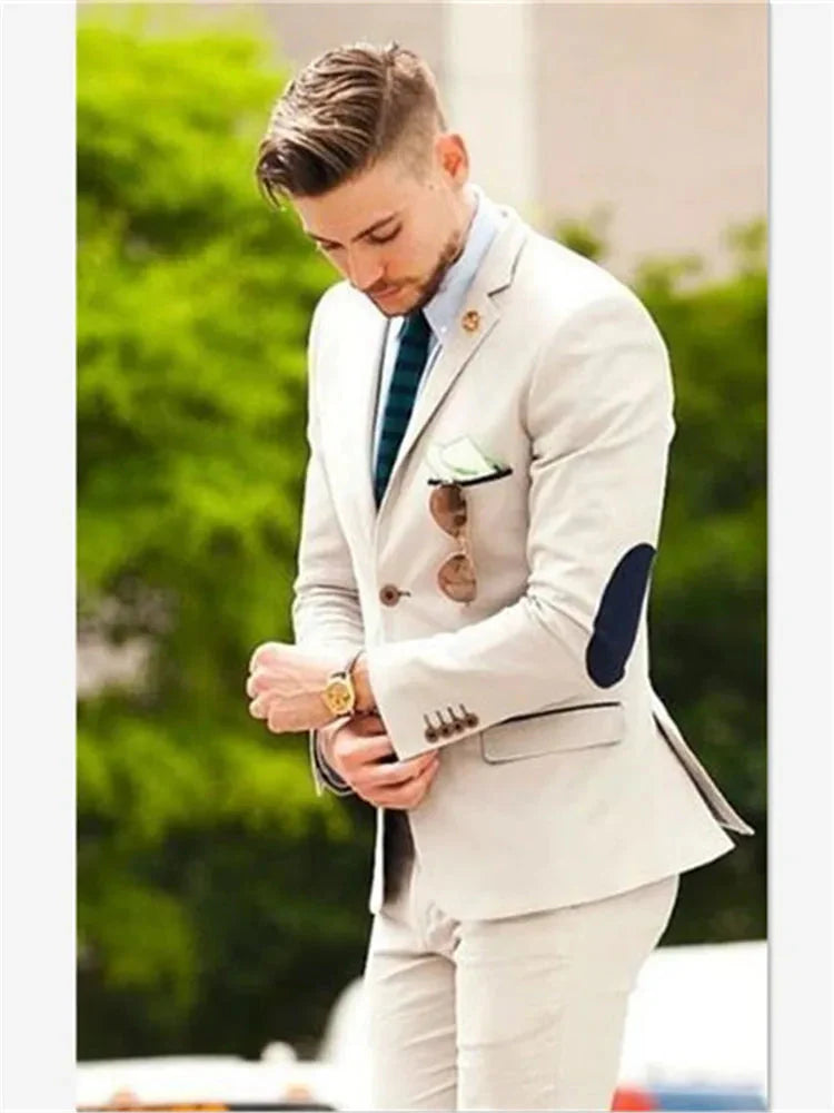 Beige Italian men's slim fit tuxedo suit with matching jacket and trousers, elegant groom attire by SHOWLU FASHION STORE