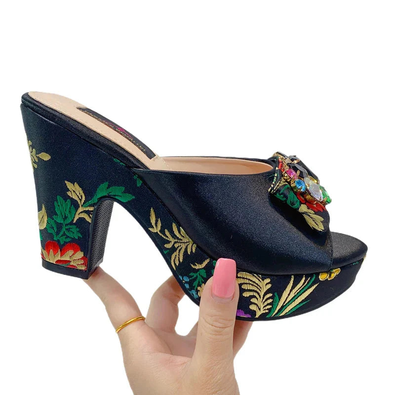 Geriger Gegallel Women's high heel sandals with embroidered rhinestones, 10cm heel, stylish open-toe design.