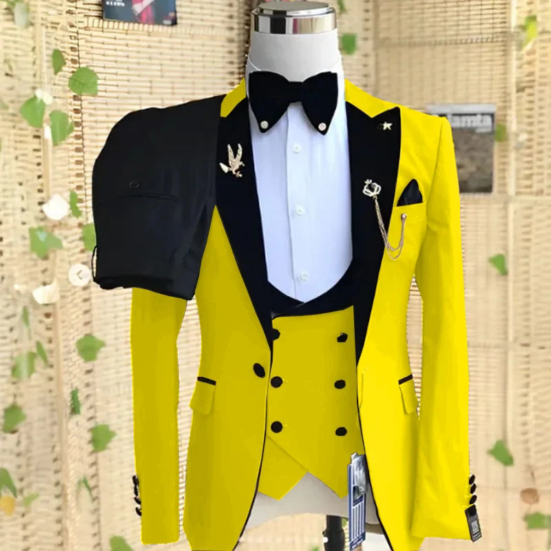 Beige formal men's 3-piece suit with peaked lapel, blazer, vest, and pants, suitable for weddings, business, and parties.