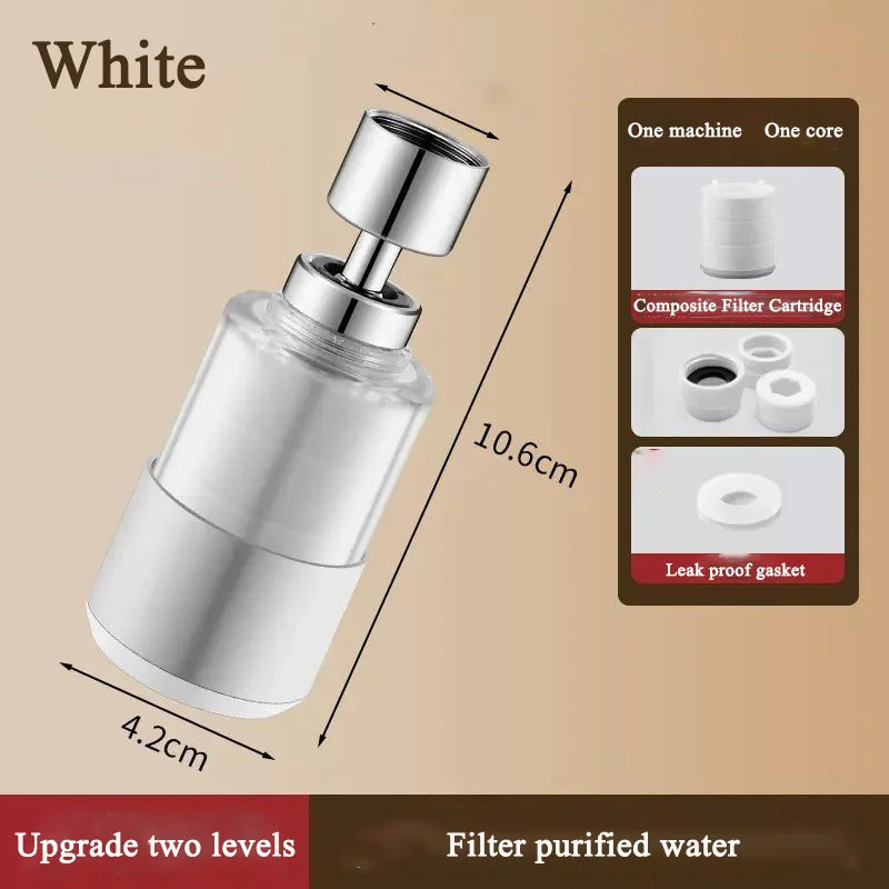 Showlu universal rotary faucet filter in brass and ABS, featuring two gear water purification system attached to a modern kitchen faucet.