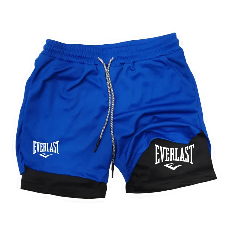 Men's 2-in-1 running shorts with double-deck design, gym fitness sportswear, showing elastic waistband and breathable fabric.