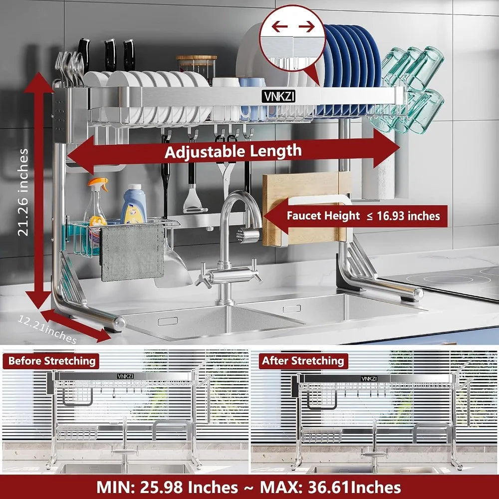 Over Sink Dish Drying Rack, 2 Tier Full Stainless Steel Storage Adjustable  Kitchen Rack, Multifunctional Expandable SHOWLU FASHION STORE